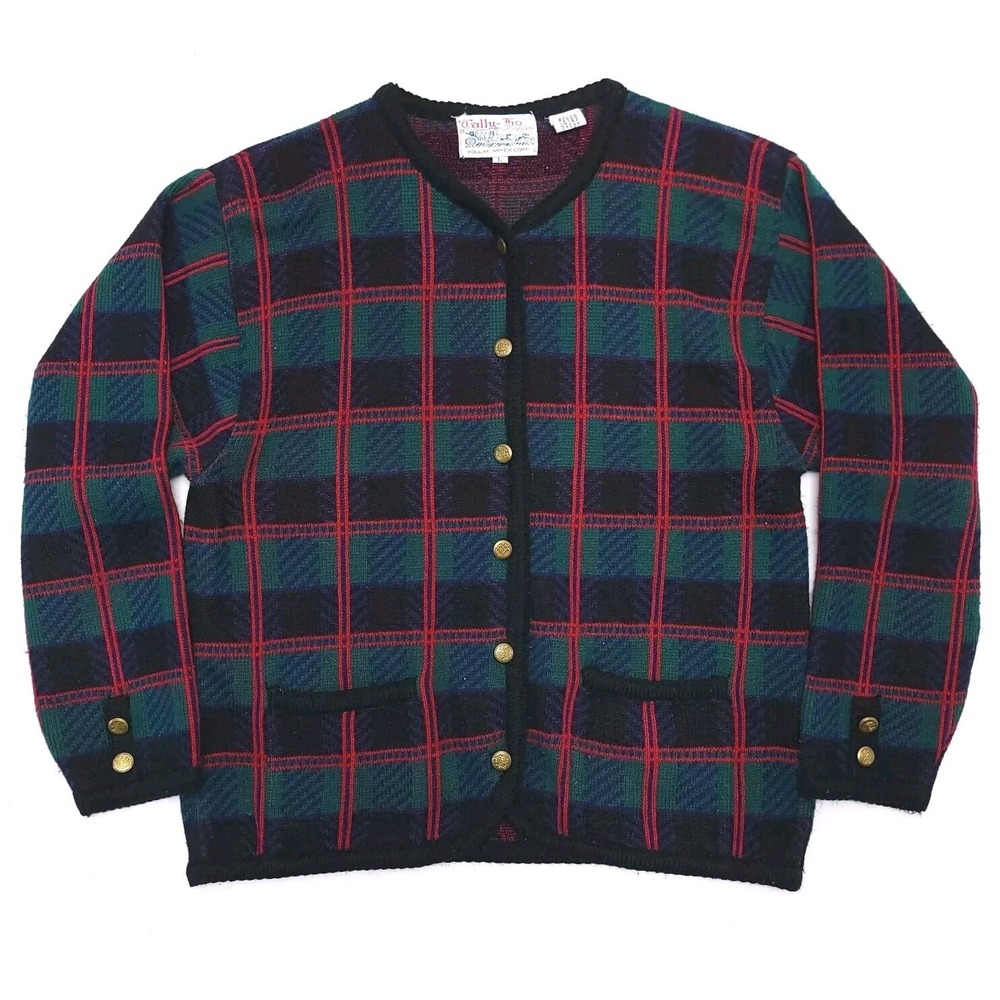 Vintage‎ Tally Ho Cardigan Sweater Womens Large L Green Red Plaid Long Sleeve